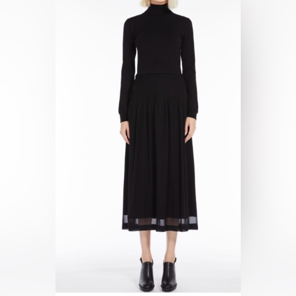Max Mara Black Knit Pleated Midi Dress Virgin Wool Mock Neck Long Sleeve size 12